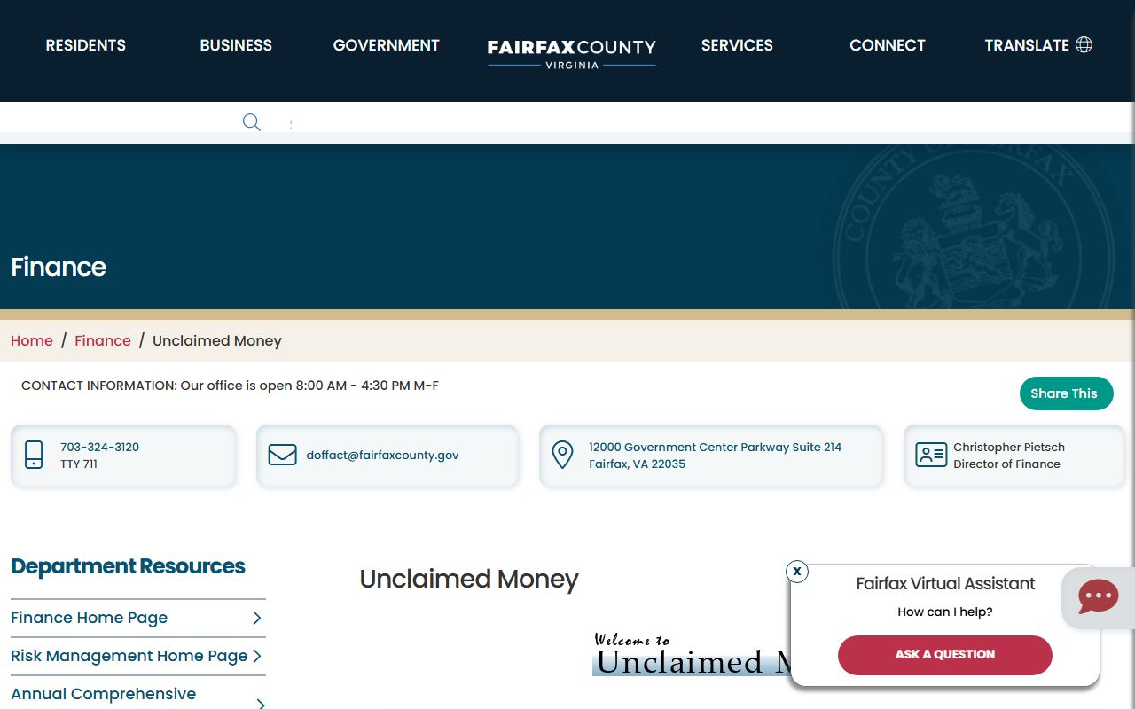 Fairfax County Virginia unclaimed money