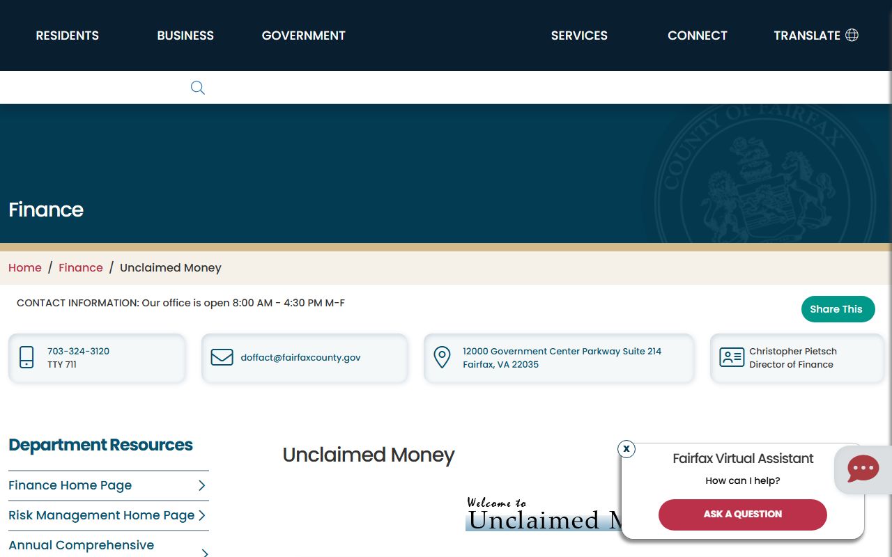 Fairfax County Virginia unclaimed money