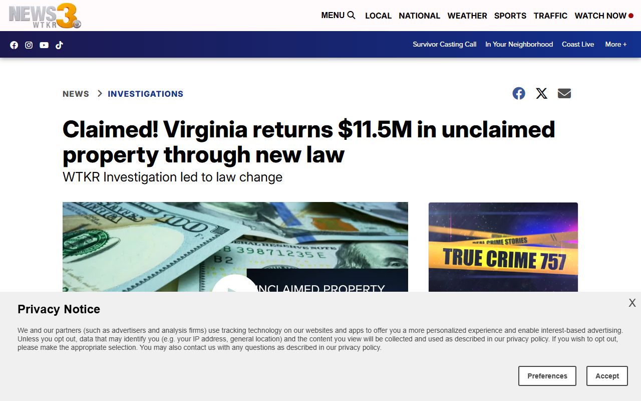 Virginia VA Cash Now unclaimed money program news coverage